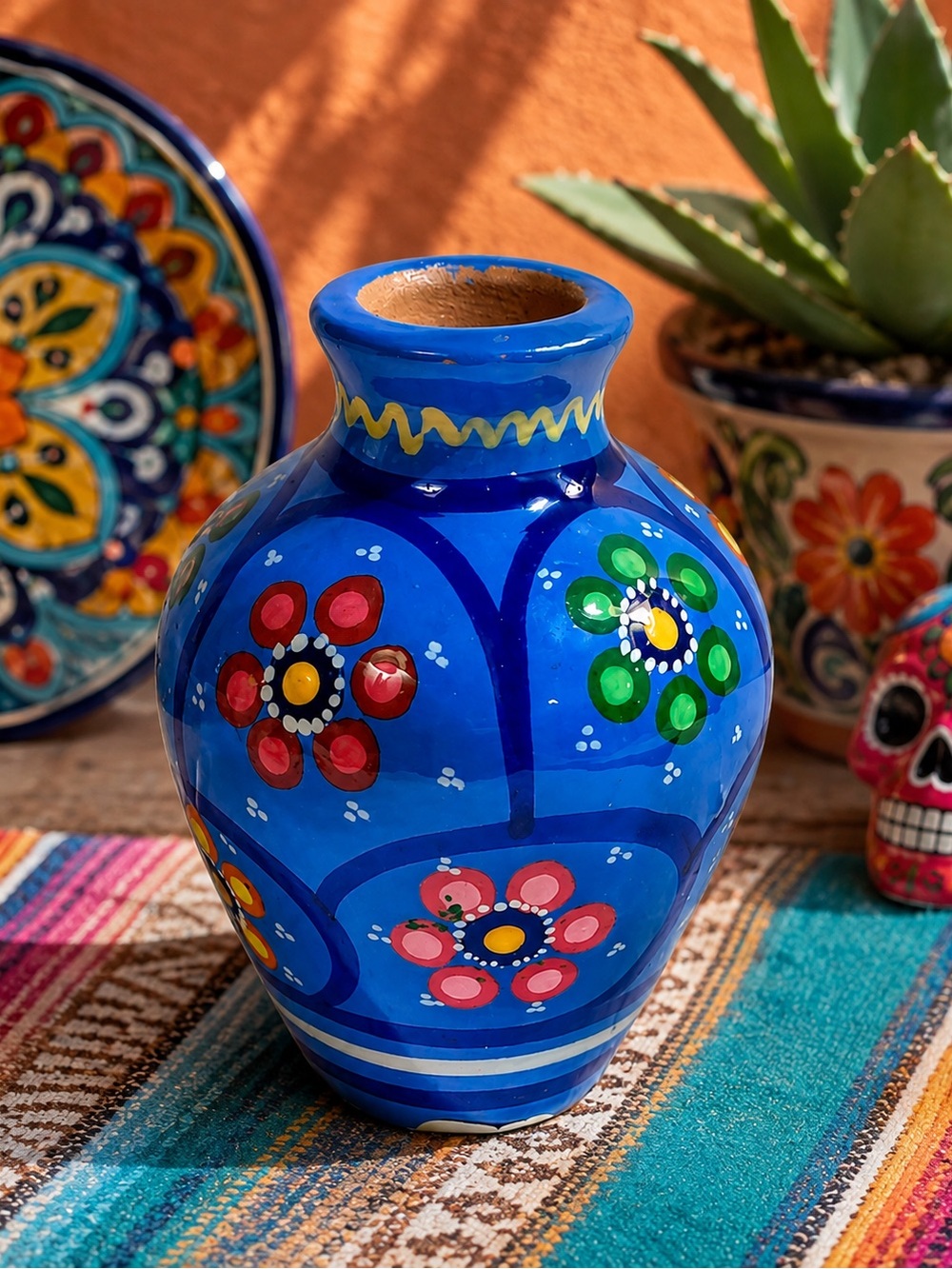 Barro Red Clay Pottery Miniature Bud Vase Blue Flowers Vibrant Colorful